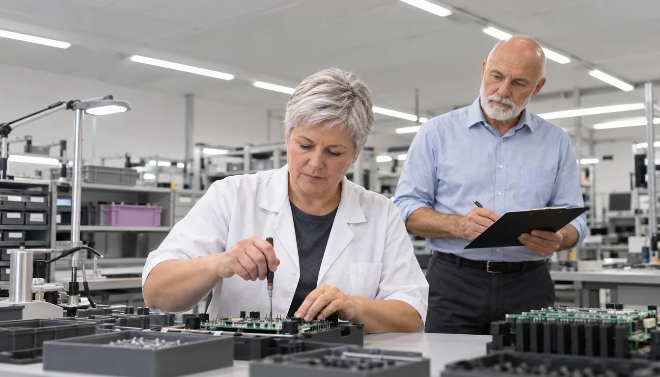 Méthodes d'évaluation ergonomique : un relevé au poste de travail (NovaFree) Ergonome-conseil relevant angles et durées sur un poste de production pendant que l'opératrice travaille
