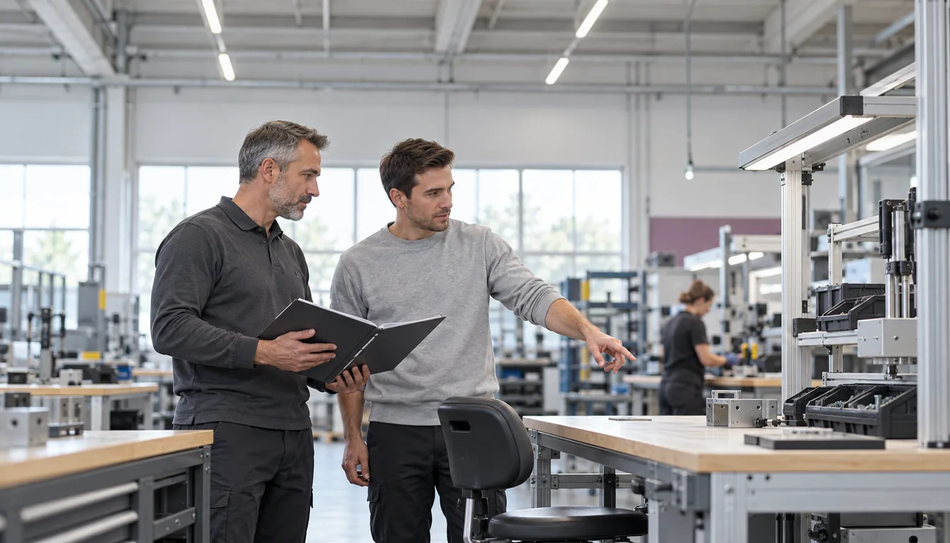Chargé de sécurité et conseiller en ergonomie observant ensemble un poste d'atelier
