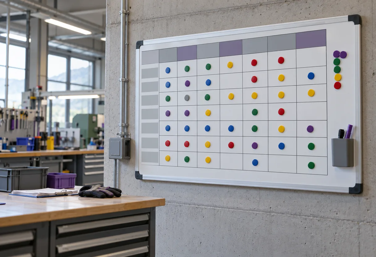 Tableau de planning de rotation affiché au mur d'un atelier Planning hebdomadaire de rotation affiché dans un atelier, pastilles de couleur en grille