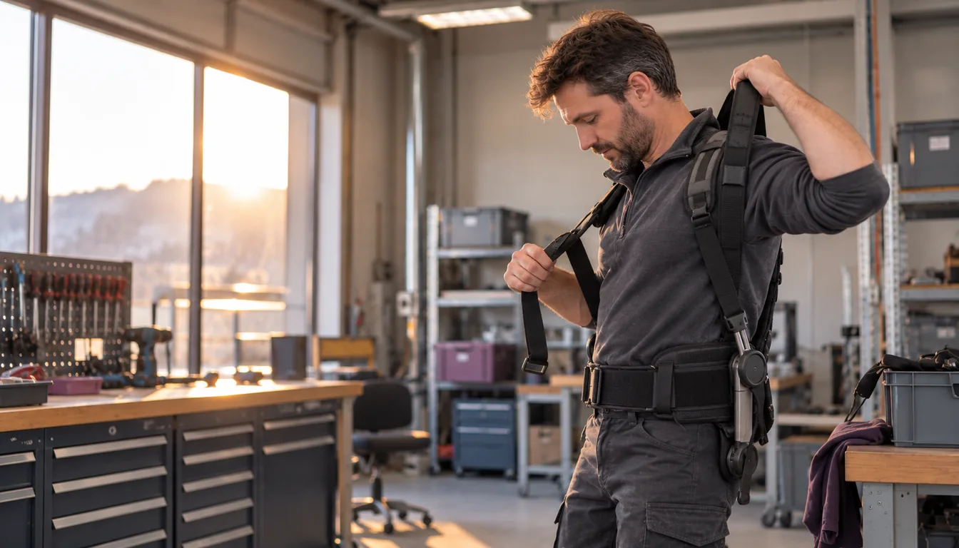 Poids d'un exosquelette : ce qui se juge en fin de journée (NovaFree) Opérateur retirant un exosquelette passif en fin de poste dans un atelier