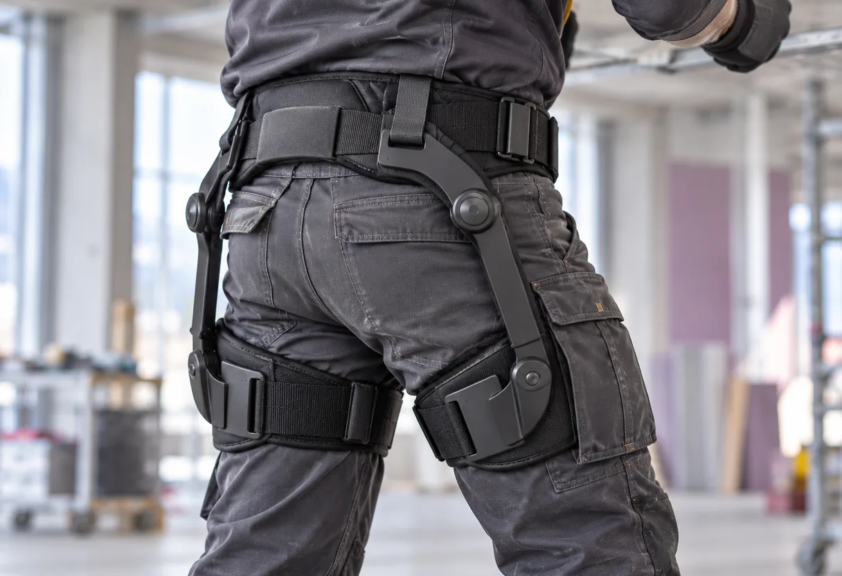 Sangles de bassin et appuis de cuisses d'un dispositif d'assistance porté en atelier Détail des sangles de bassin et des appuis de cuisses d'un dispositif d'assistance physique