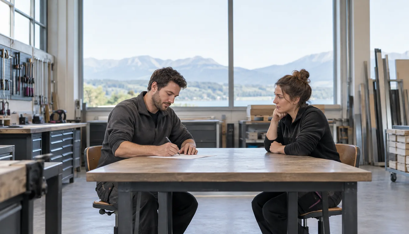 Questionnaire nordique : un entretien de dépistage dans une entreprise suisse (NovaFree) Deux personnes assises de part et d'autre d'une table d'atelier, l'une remplit une feuille, l'autre écoute
