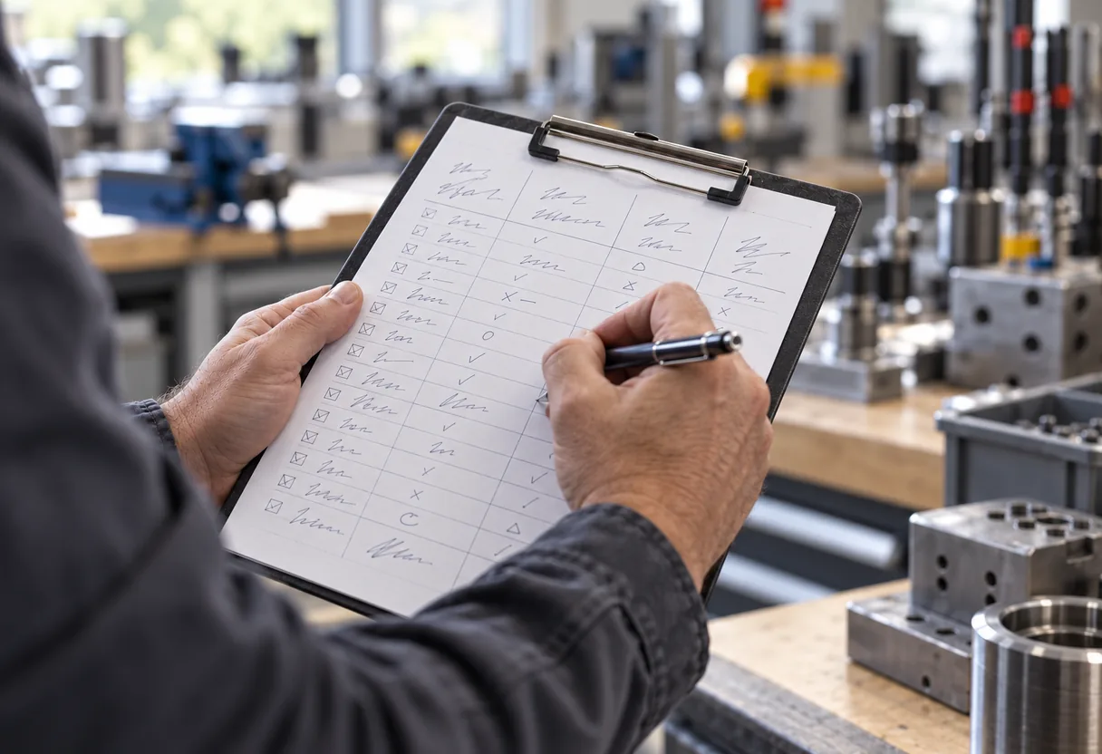 Main remplissant un questionnaire de pénibilité sur une planchette, à côté d'un poste de travail