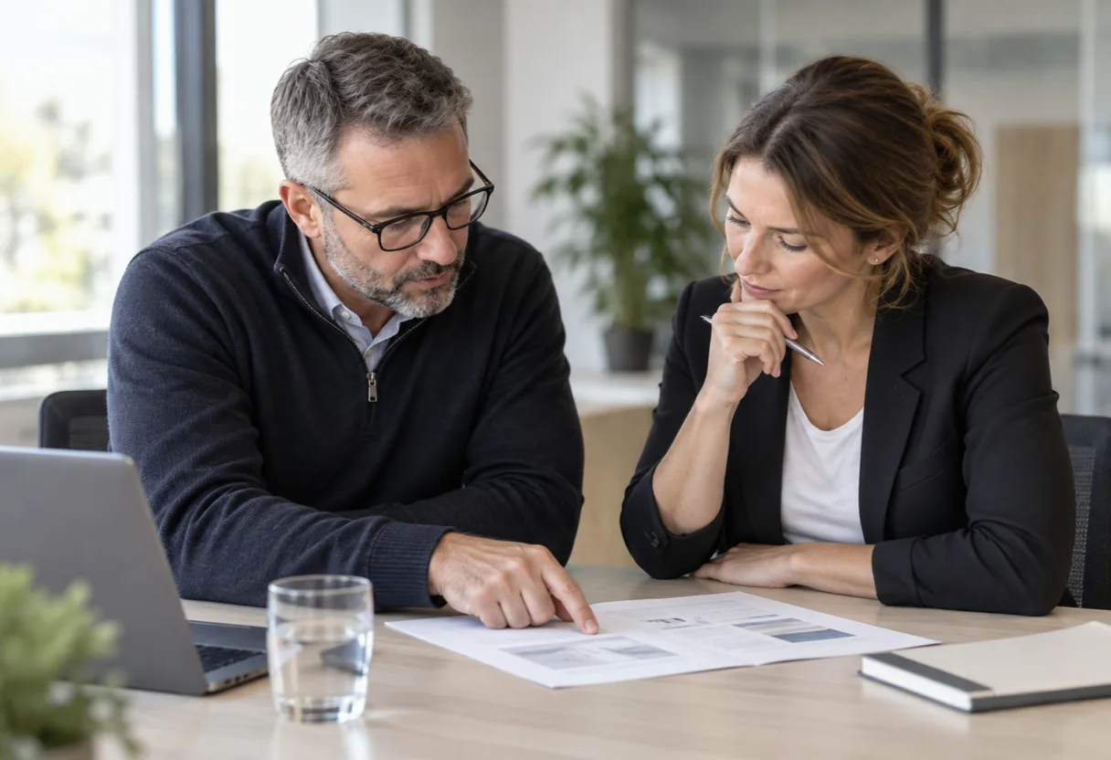 Responsable d'équipe et conseiller en ergonomie relisant ensemble un compte rendu de poste Deux personnes assises relisent un compte rendu de relevé de poste posé sur une table