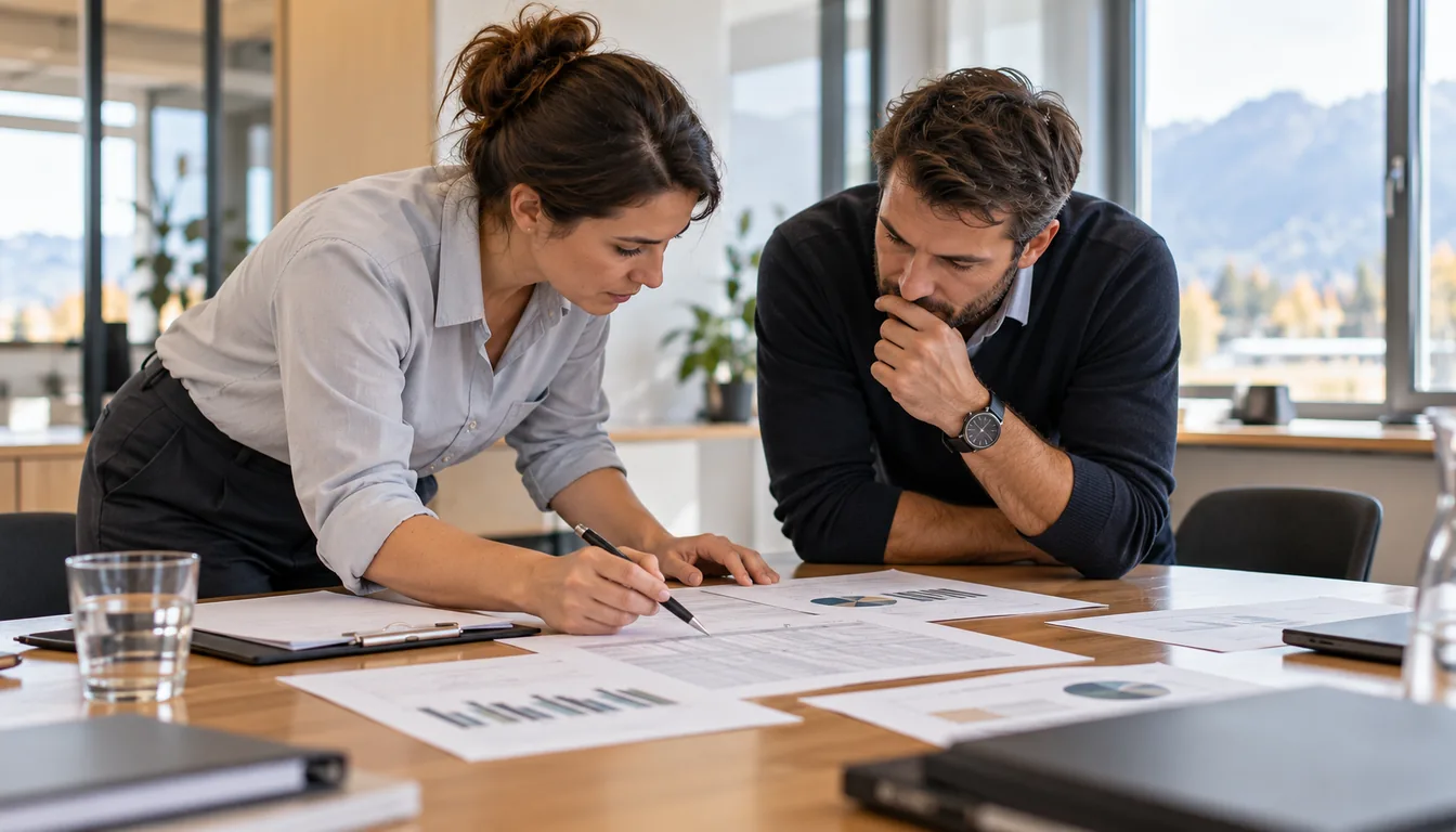 Chiffrer une démarche ergonomique avant un comité de direction (NovaFree) Deux personnes examinent un tableau de chiffres imprimé sur une table de réunion