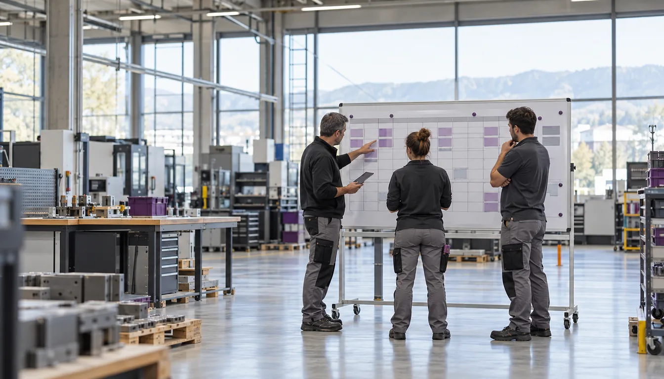 Rotation des postes : le planning se décide avant la semaine (NovaFree) Chef d'équipe et opérateurs devant un tableau de planning affiché dans un atelier