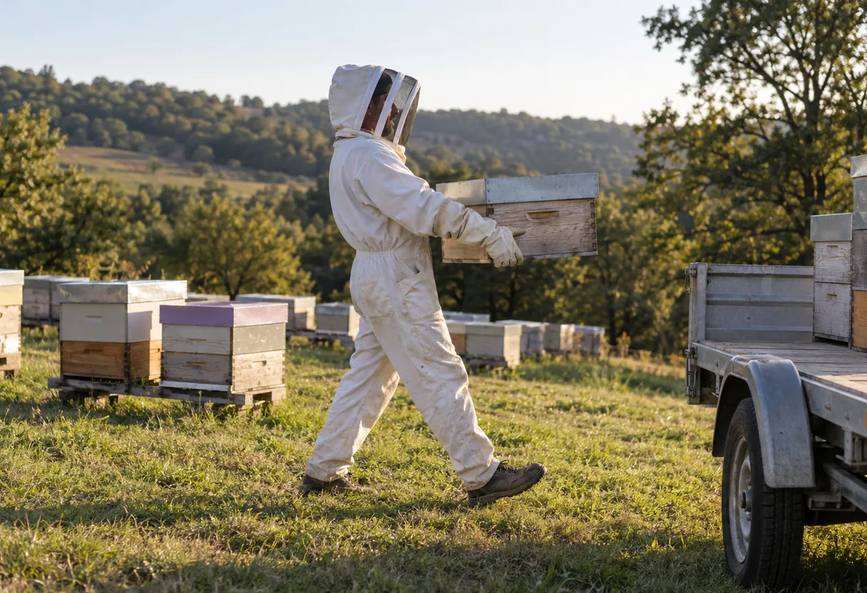 Apiculture : la hausse pleine portée jusqu'à la remorque Apiculteur en combinaison complète, voile et gants, portant une hausse pleine à bout de bras sur quelques mètres jusqu'à une remorque, sans équipement d'assistance