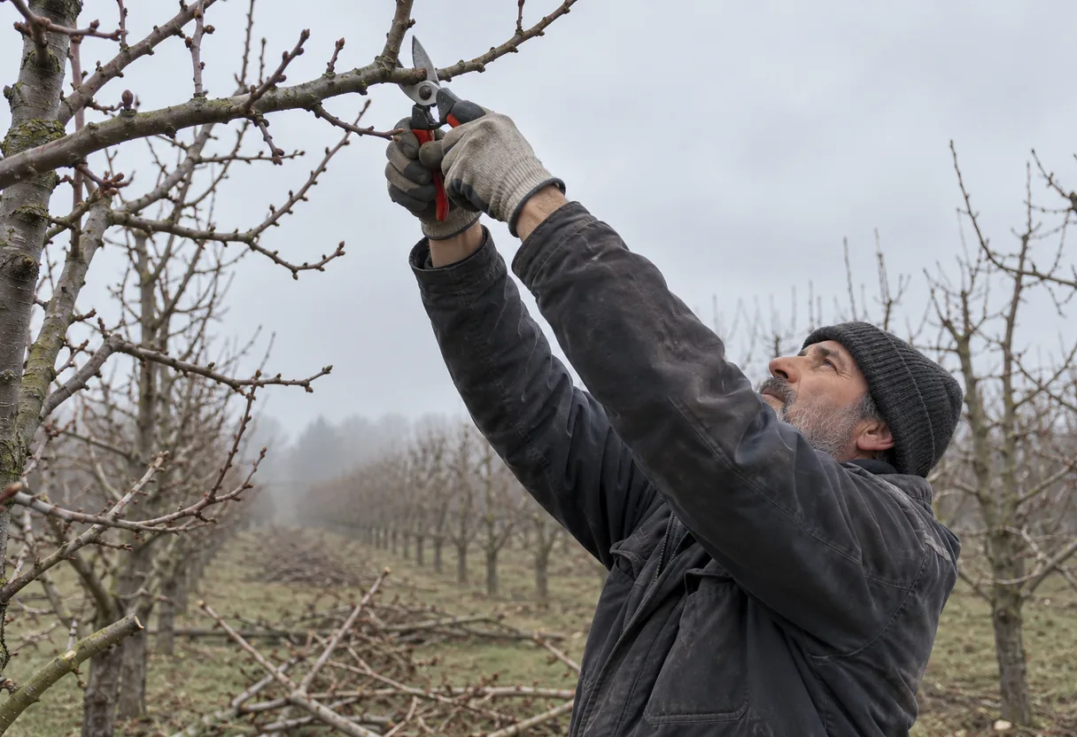 Arboriculture : la taille d'hiver, sécateur au-dessus de la tête Arboriculteur taillant une charpentière au-dessus de sa tête, sécateur à deux mains, dans un verger nu en hiver, sans équipement d'assistance