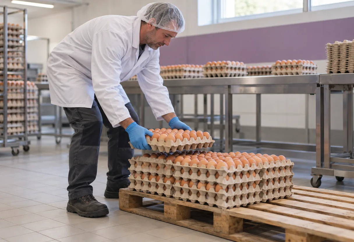 Aviculture : les plateaux d'œufs, le dos penché des centaines de fois Aviculteur penché en avant pour poser un plateau alvéolé d'œufs sur une pile basse, dans un local de conditionnement, sans équipement d'assistance