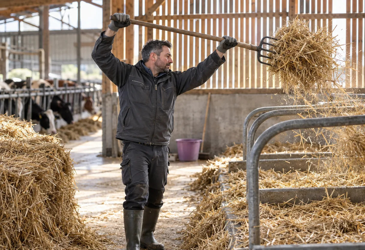 Élevage laitier : le paillage à la fourche, bras au-dessus de l'horizontale Éleveur paillant une logette à la fourche dans une étable, les deux bras relevés au-dessus de l'horizontale, sans équipement d'assistance