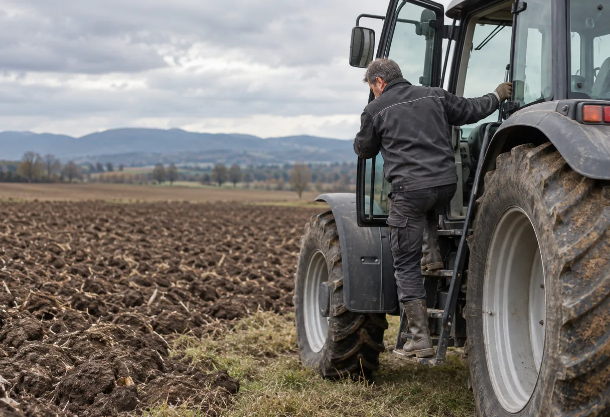 Grandes cultures : le marchepied de cabine, vingt fois par jour Exploitant sur le marchepied d'une cabine de tracteur sans marque, une main sur la poignée, au bord d'un champ labouré