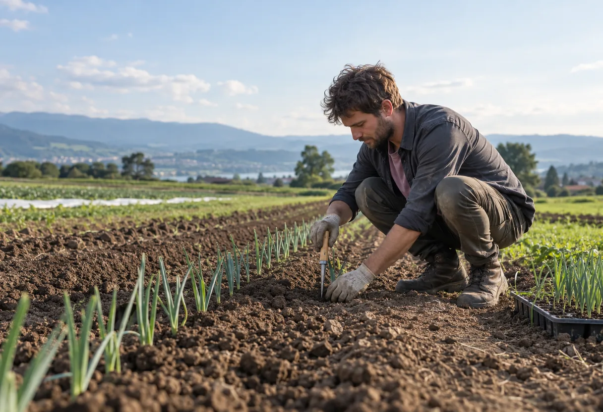 Maraîchage : le repiquage accroupi, en plein champ Maraîcher accroupi en plein champ, plantoir en main, repiquant un jeune plant dans un rang de poireaux, sans équipement d'assistance