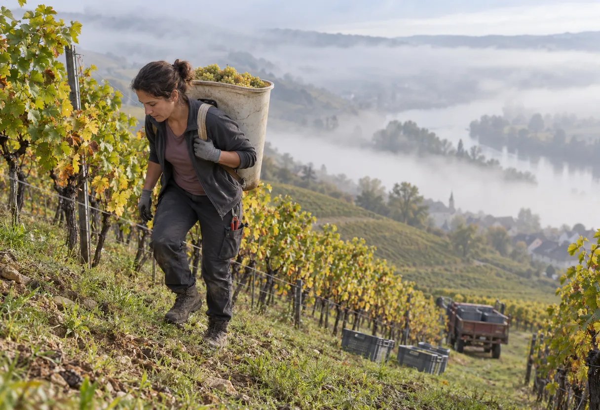 Viticulture : la hotte de vendange pleine, remontée dans la pente Vendangeuse portant une hotte de vendange pleine sur le dos, remontant un rang de vigne en pente, sans aucun équipement d'assistance