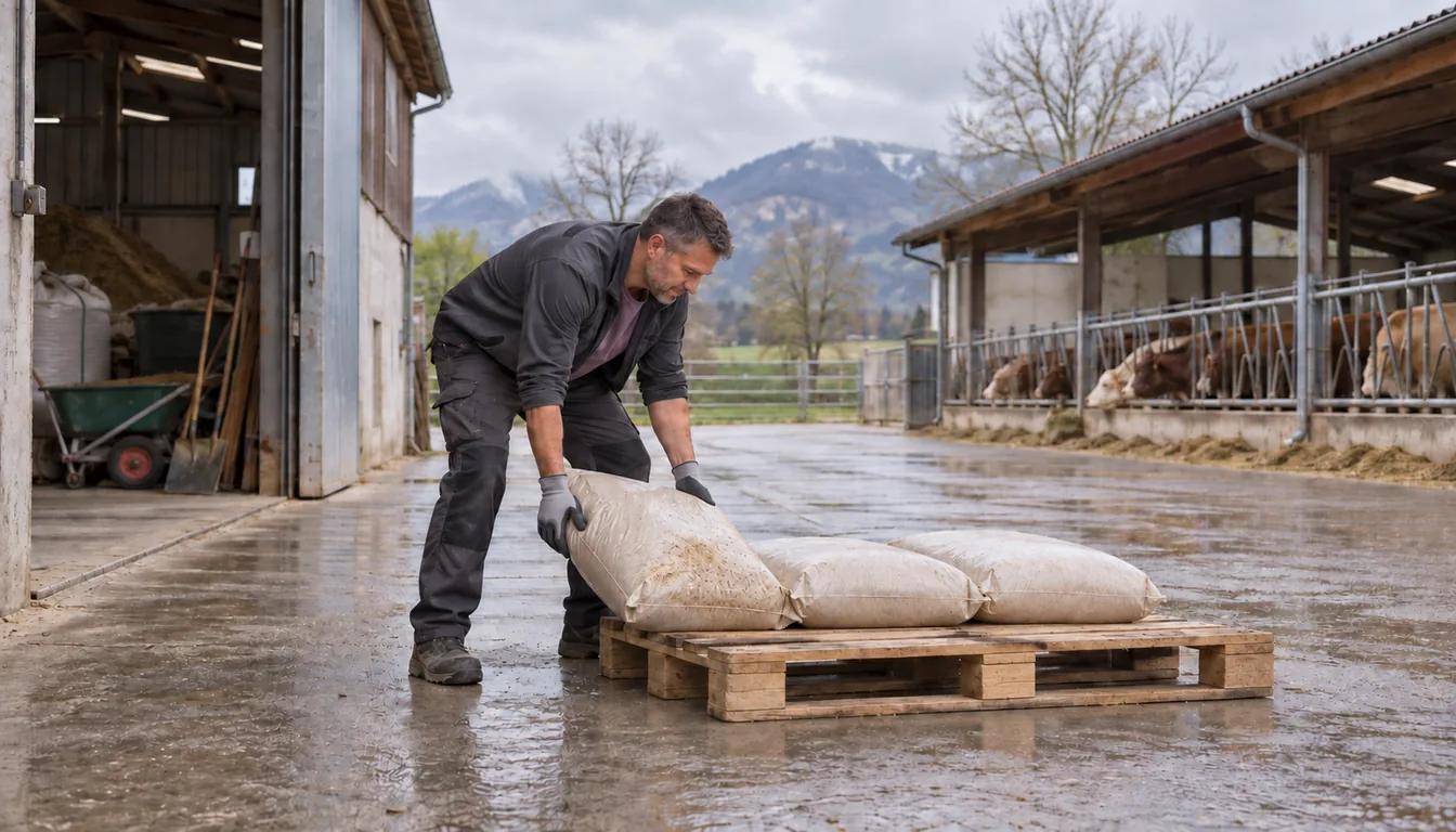TMS en agriculture : un sac d'aliment repris au sol dans une cour de ferme (NovaFree) Exploitant agricole penché en avant pour reprendre un sac d'aliment posé sur une palette, dans la cour d'une ferme de plaine
