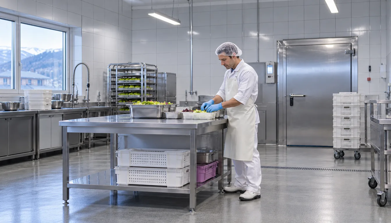 TMS en agroalimentaire : le froid et la cadence avant l'équipement (NovaFree) Opérateur en tenue d'atelier alimentaire, charlotte et gants, devant un plan de découpe inoxydable