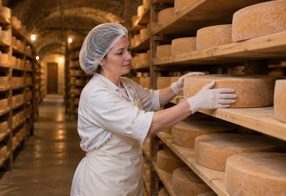 Cave d'affinage : le retournement des meules, le même mouvement toute la journée Opératrice retournant une meule de fromage sur une planche d'épicéa dans une cave d'affinage
