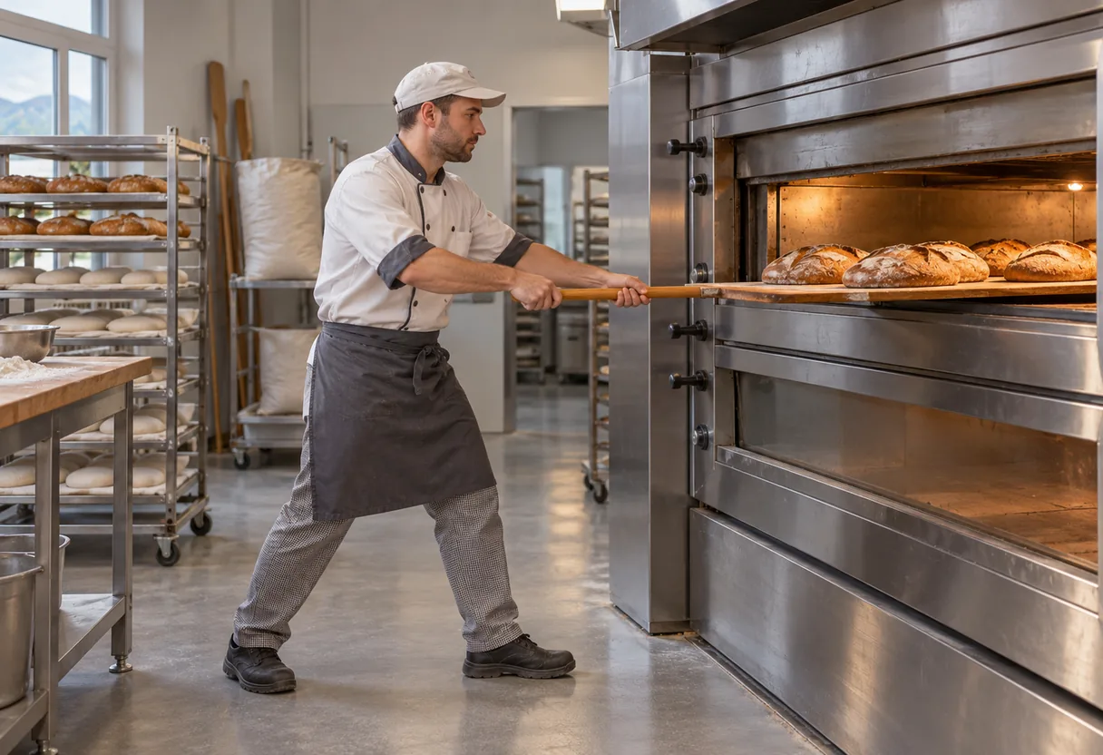 Boulangerie : l'enfournement bras tendus, avant six heures du matin Boulanger enfournant une planche de pains bras tendus devant un four à soles