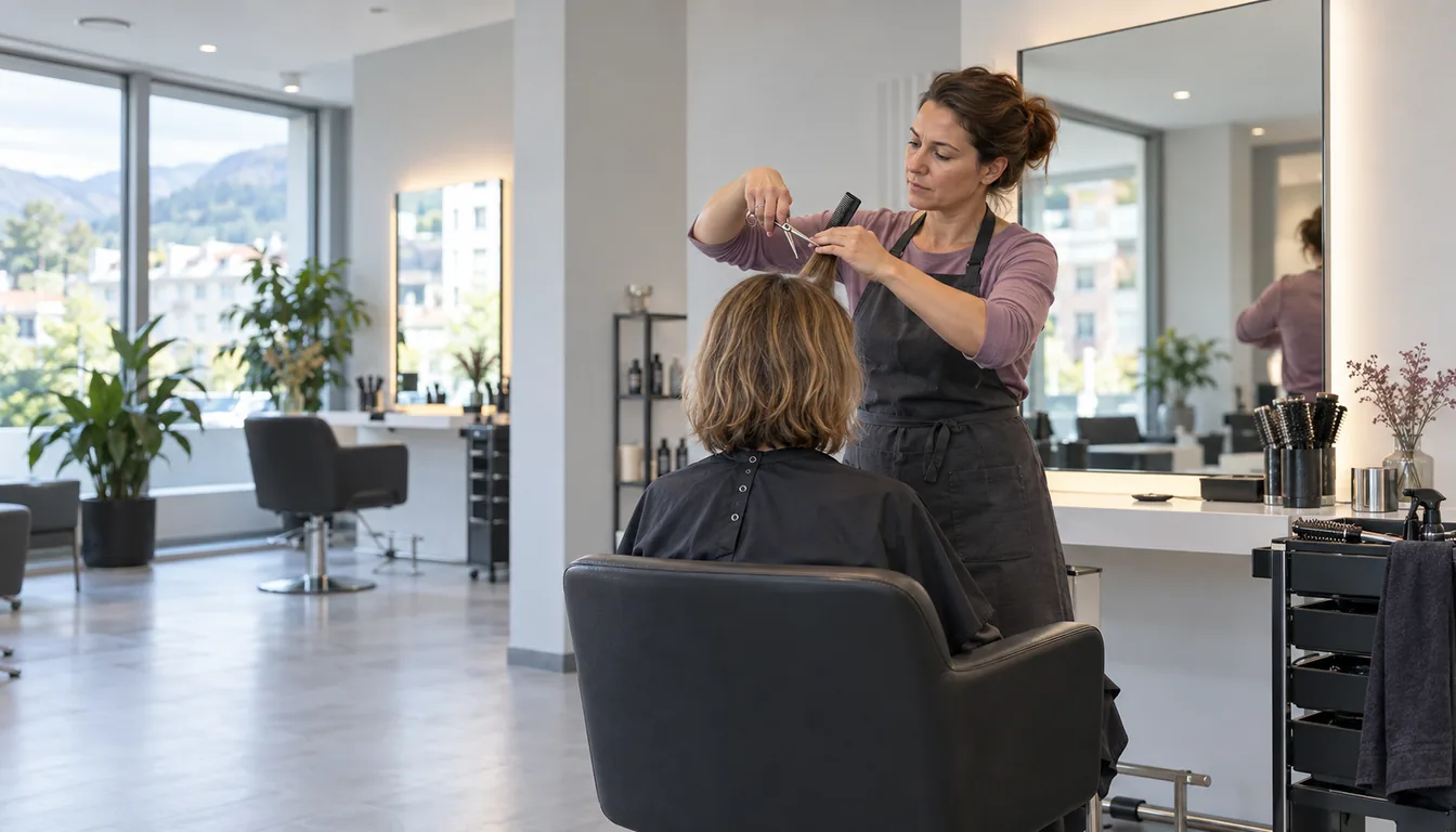 Troubles musculo-squelettiques des artisans : les bras en l'air toute la journée (NovaFree) Coiffeuse travaillant debout, bras levés à hauteur de tête, dans un salon clair