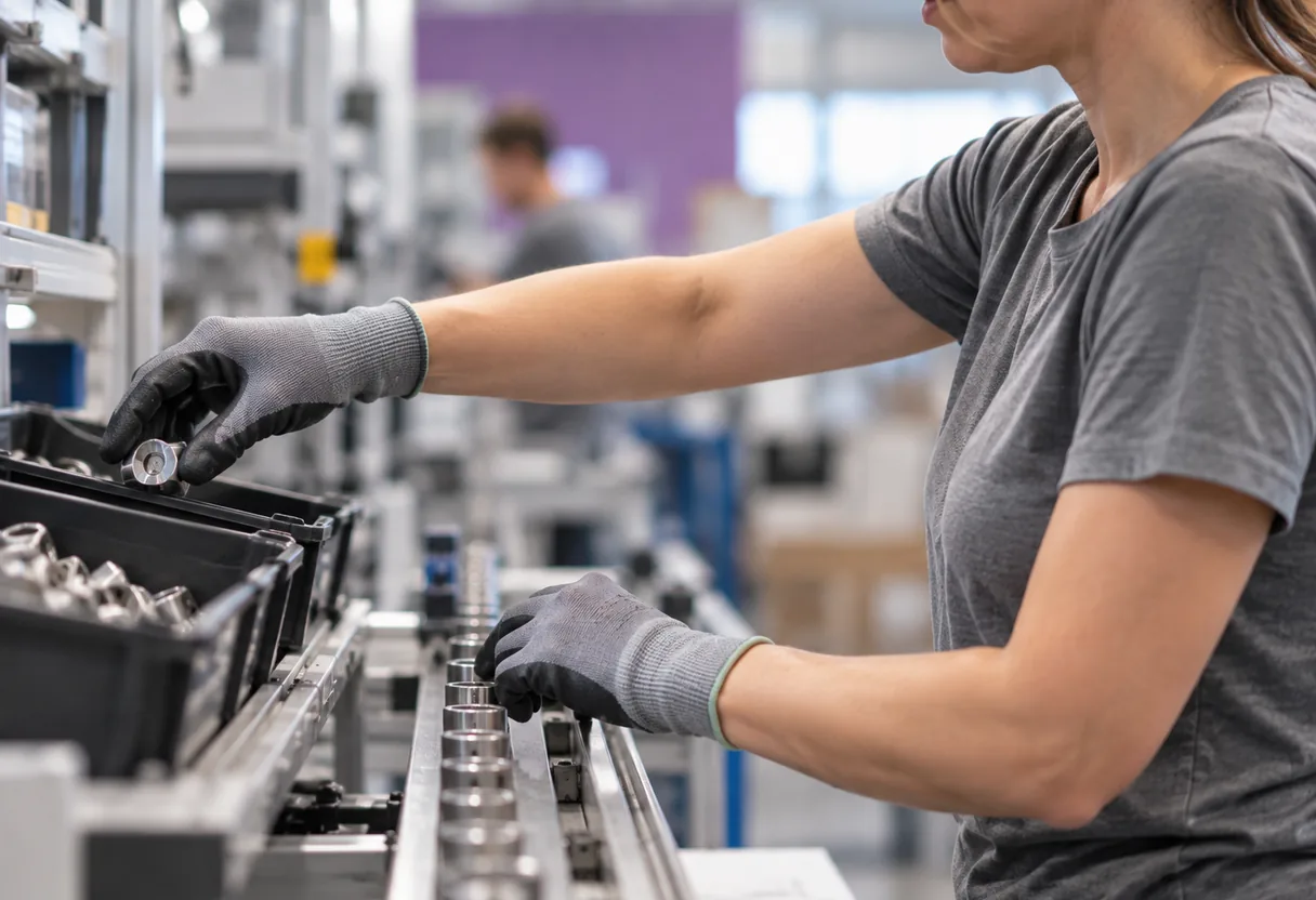 Geste répété au poignet et à l'épaule sur un poste de conditionnement Mains d'une opératrice saisissant des pièces à cadence régulière, épaule légèrement relevée