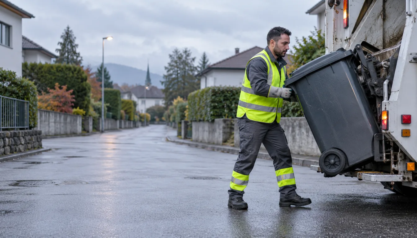 Ripeur communal soulevant un conteneur à déchets à l'arrière d'une benne, tôt le matin
