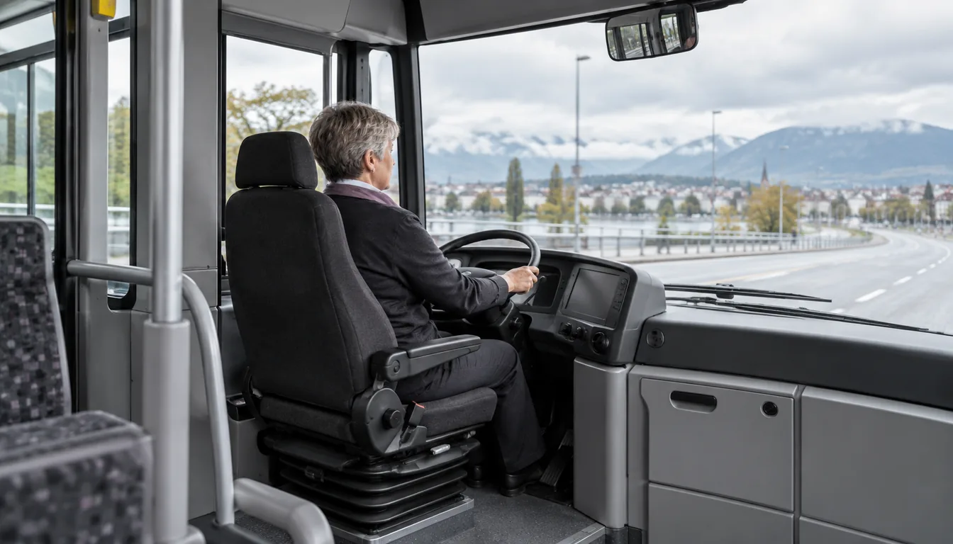 Troubles musculo-squelettiques chez les conducteurs : le poste de conduite avant l'équipement (NovaFree) Conductrice de bus au poste de conduite, mains sur le volant, siège à suspension visible