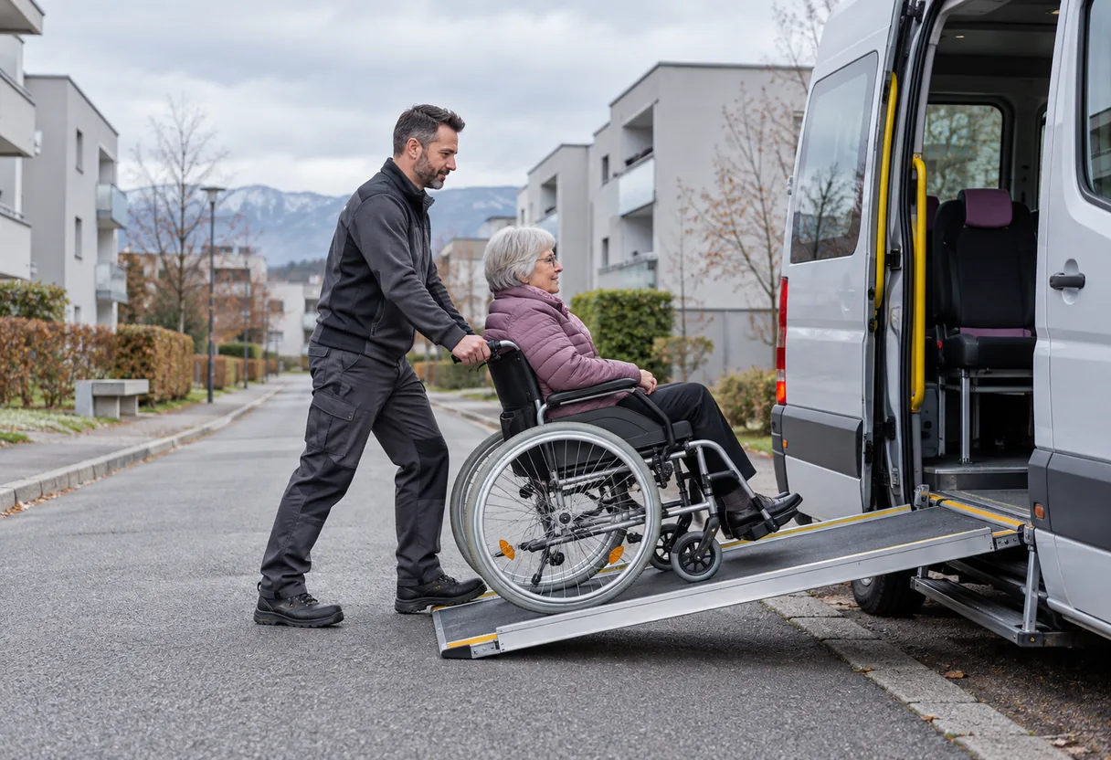 Transfert d'un passager à mobilité réduite : le geste que la conduite n'annonce pas Conducteur aidant une passagère en fauteuil roulant à franchir la rampe d'accès d'un véhicule