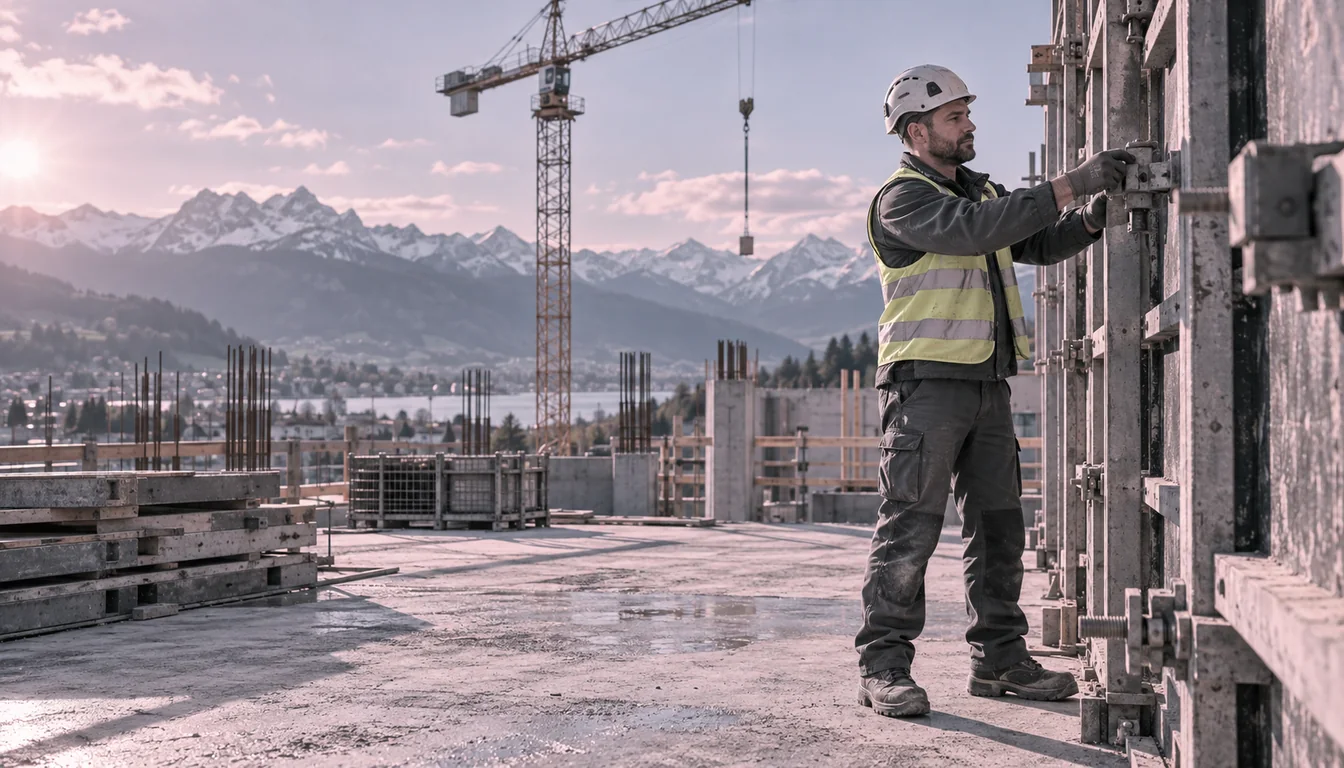 Coffreur ajustant un panneau de coffrage sur un chantier suisse, casque et gilet, dos droit