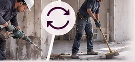Deux ouvriers sur un même chantier, l'un au marteau-piqueur, l'autre au balai, flèche de rotation entre les deux