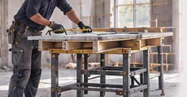 Ouvrier travaillant debout sur une table de chantier à hauteur de hanches, dos droit