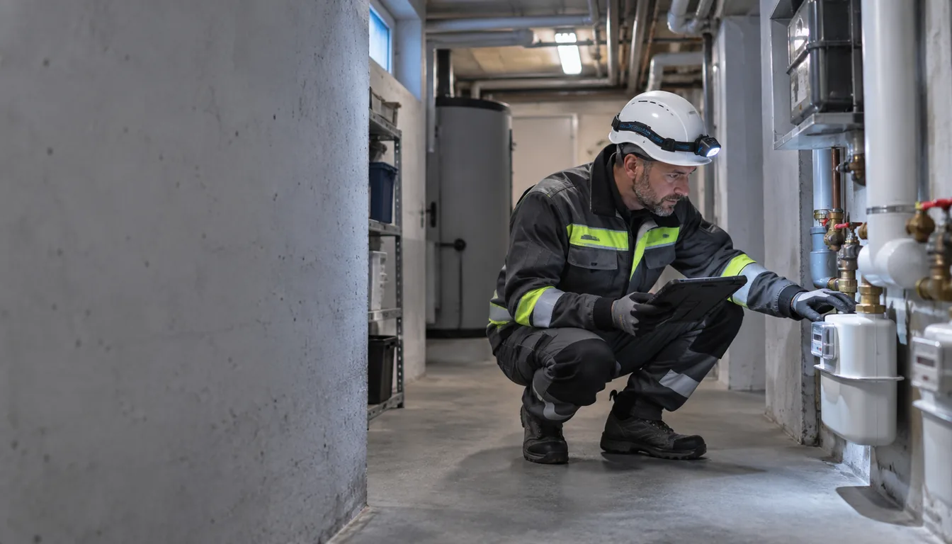 Troubles musculo-squelettiques des métiers du réseau : la position n'est jamais choisie (NovaFree) Technicien de réseau accroupi devant un compteur placé bas dans une cave d'immeuble
