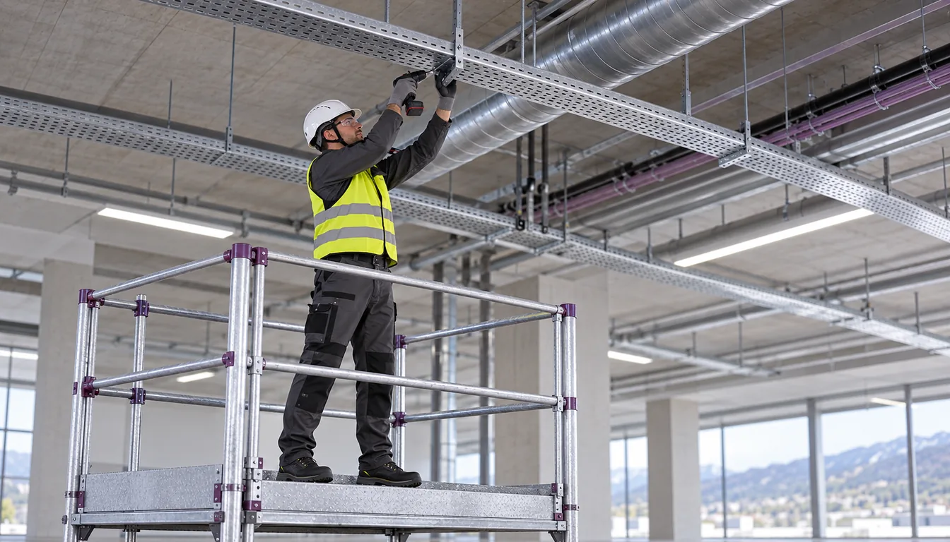 TMS de l'épaule au travail : montage bras au-dessus des épaules en Suisse (NovaFree) Monteur vu de trois quarts, les deux bras levés au-dessus de la ligne des épaules, vissant sous un plafond technique