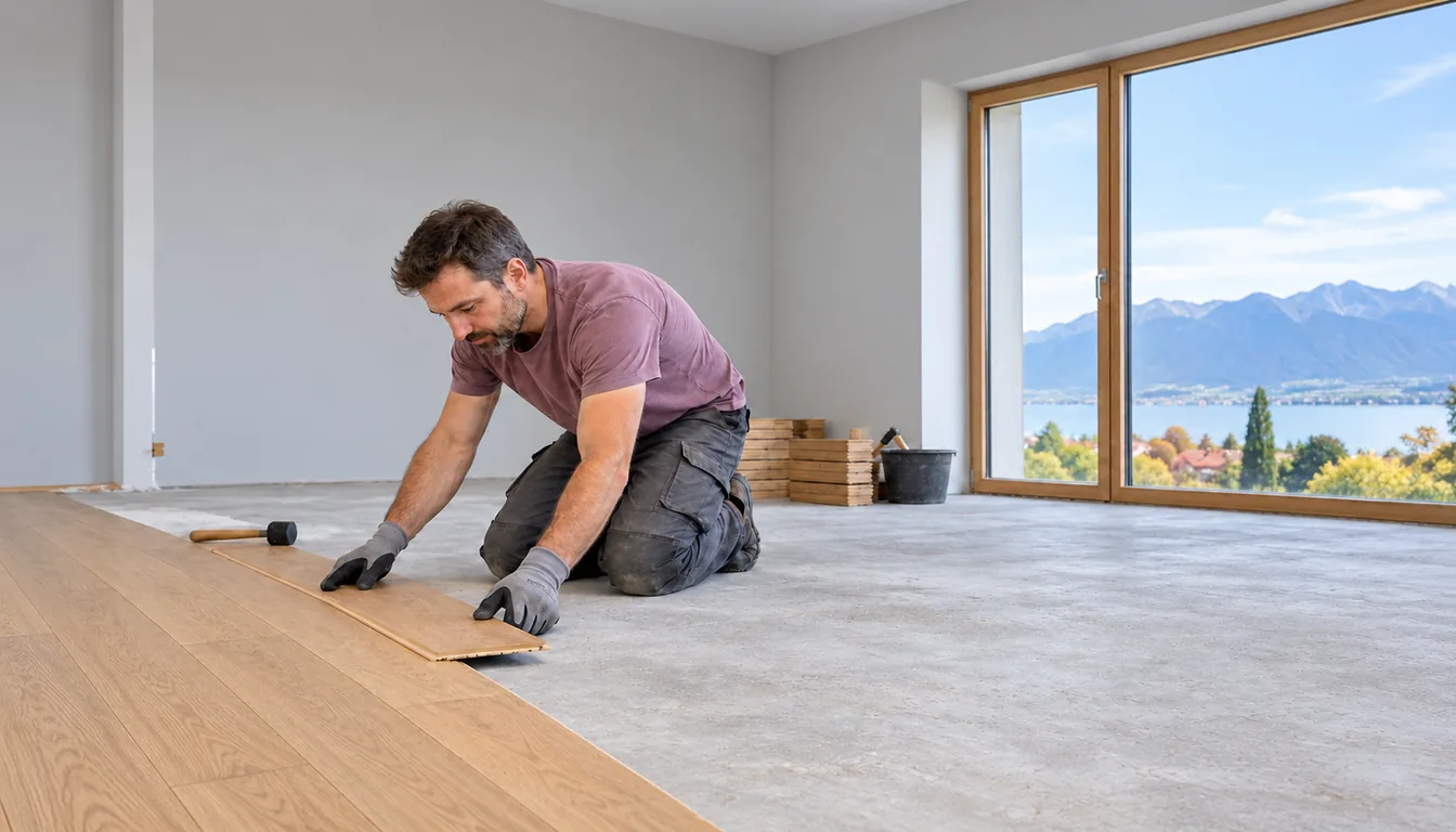 TMS du genou au travail : pose de sol à genoux sur un chantier suisse (NovaFree) Poseur de sol agenouillé, appui direct des deux genoux sur une chape, posant une lame de parquet