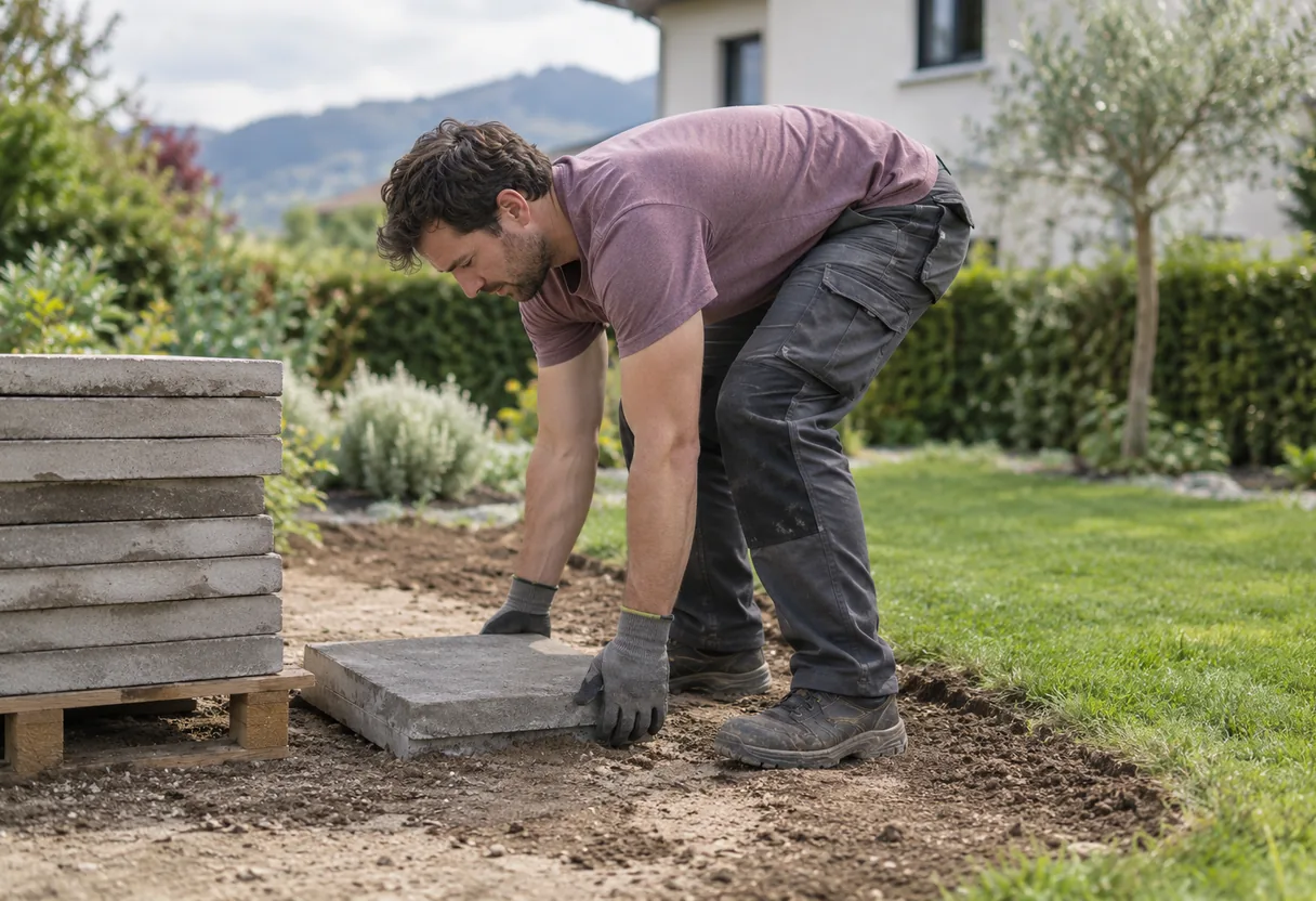 Dos : la charge prise au sol, et le tronc qui fait levier Paysagiste soulevant une dalle de béton posée au sol sur un chantier de jardin, le dos fléchi, gants et chaussures de sécurité