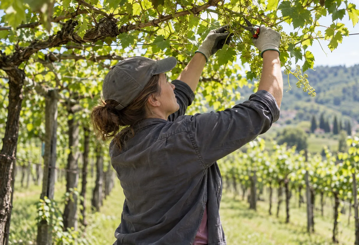Épaules : le bras levé sous la treille, et la durée qui s'accumule Vigneronne travaillant les bras levés sous une vigne conduite en treille haute, sécateur en main, les mains au-dessus de la ligne des épaules