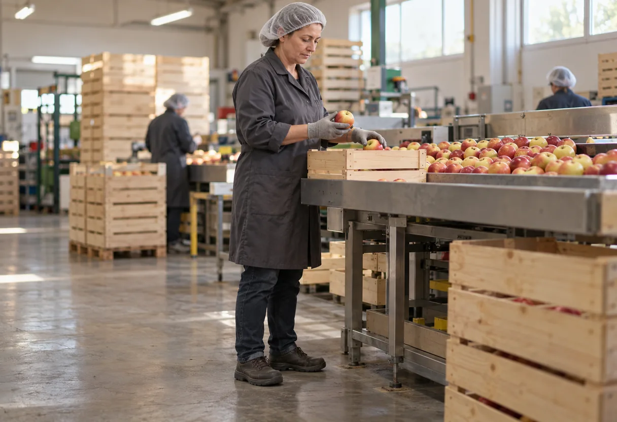 Hanches et genoux : la station debout, sans un pas, à la table de conditionnement Opératrice debout et immobile à une table de conditionnement de fruits, les deux pieds à plat sur un sol de béton, dans un local de coopérative