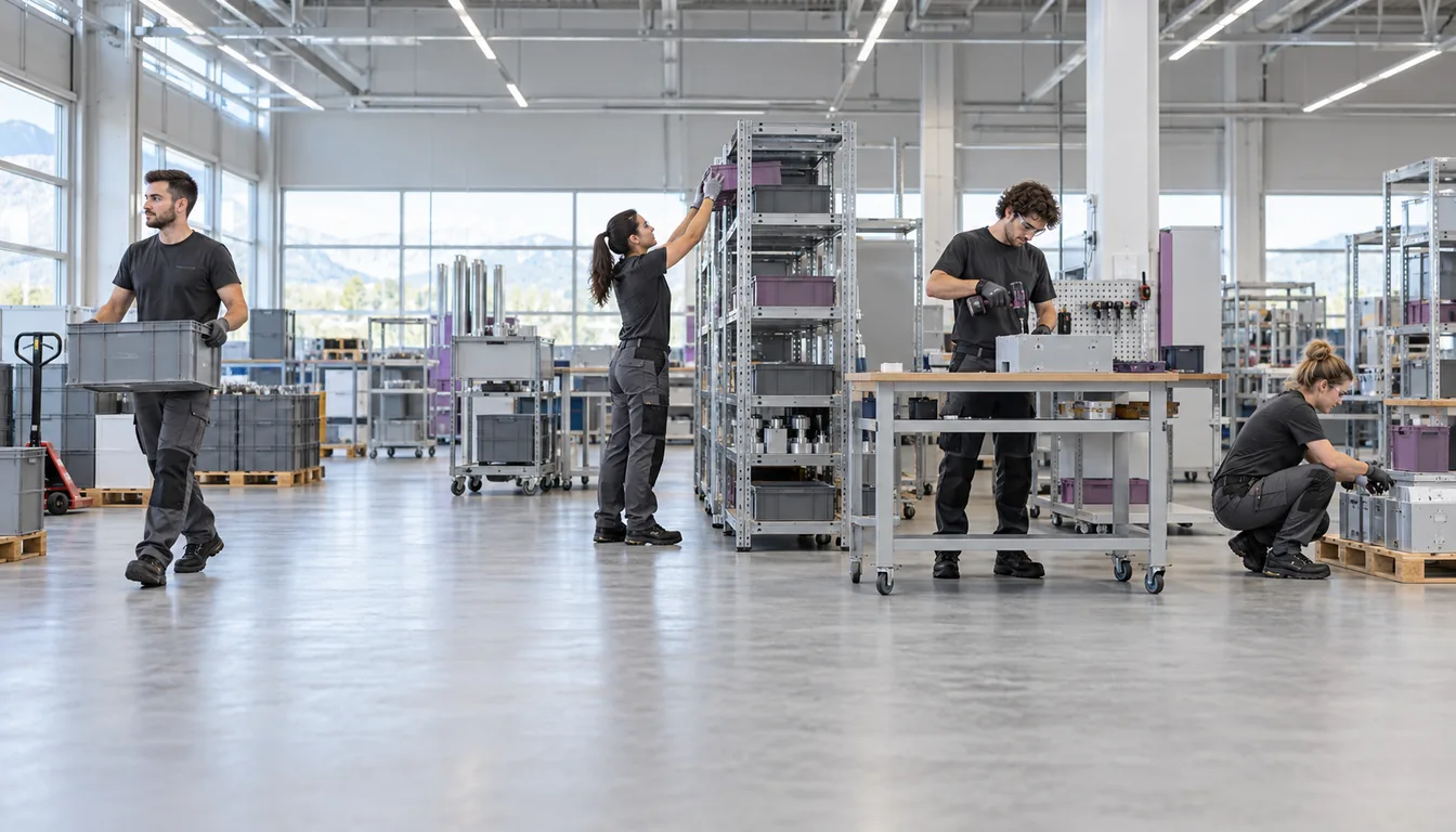 TMS par zone du corps : quatre gestes de métier, quatre zones sollicitées (NovaFree) Quatre personnes au travail dans une même halle, chacune dans un geste différent : porter, lever les bras, visser, s'accroupir
