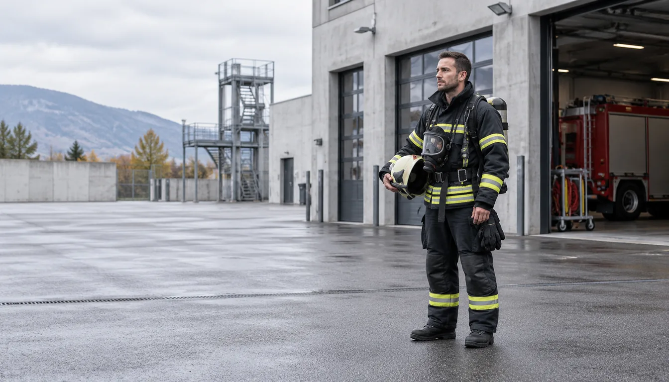 TMS dans les métiers du secours : la charge ne se pose pas (NovaFree) Sapeur-pompier en tenue de feu et appareil respiratoire, à l'arrêt pendant un exercice