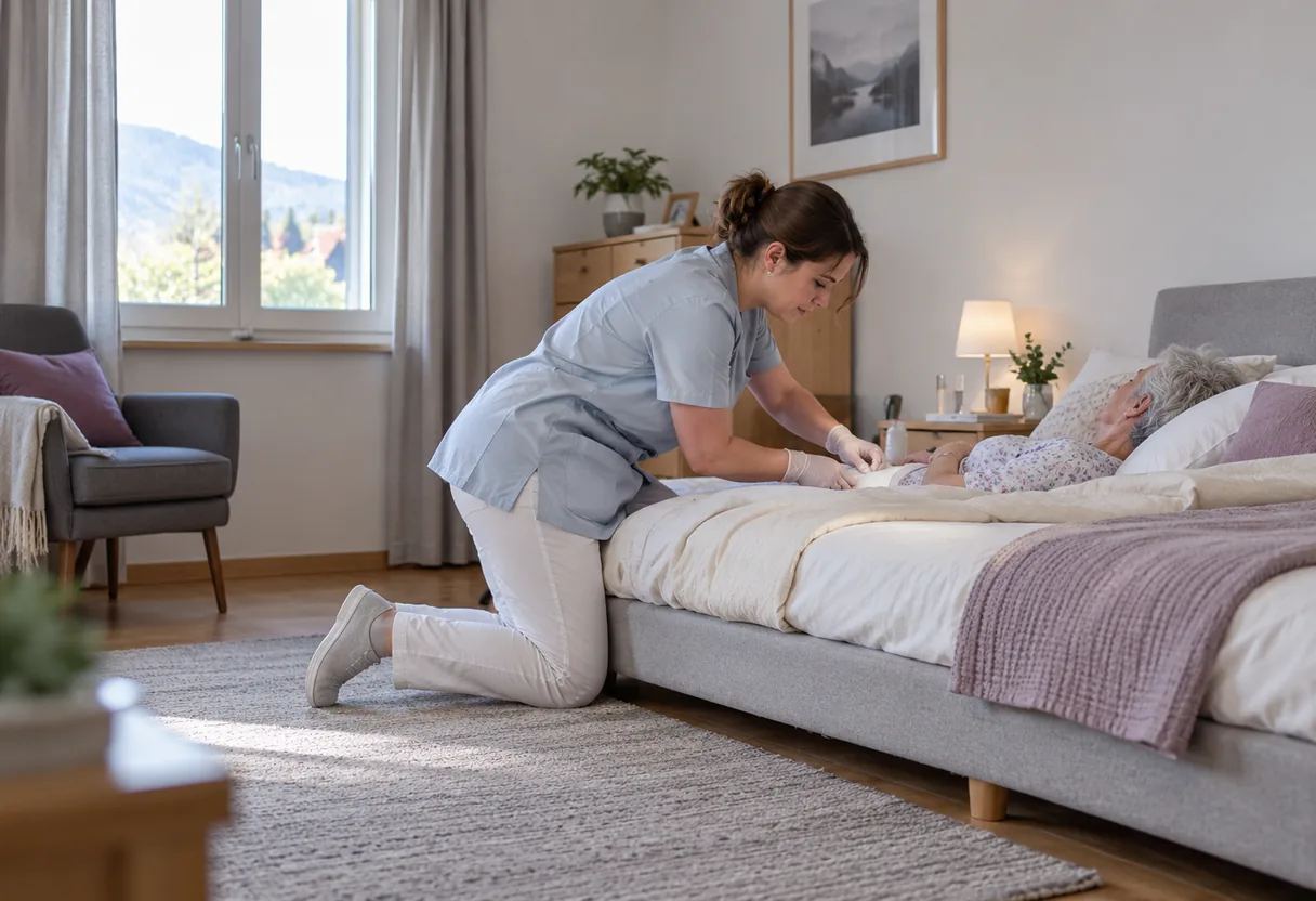 Soin au lit à domicile : un lit bas, un dos fléchi, aucune hauteur à régler Infirmière à domicile penchée au-dessus d'un lit bas, dos fléchi, sans possibilité de remonter le lit