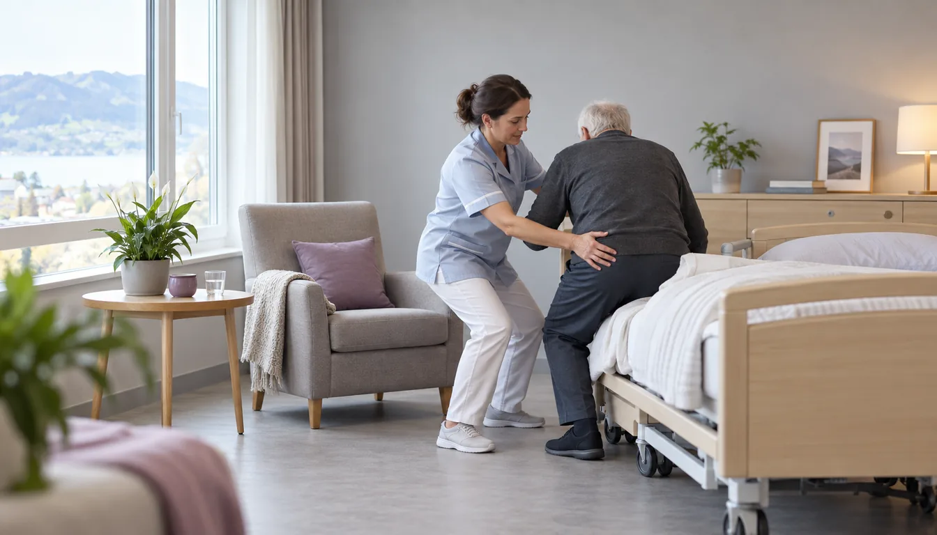 TMS chez les soignants : le transfert de patient, geste technique (NovaFree) Aide-soignante accompagnant un résident du lit au fauteuil, appui pris à hauteur de bassin